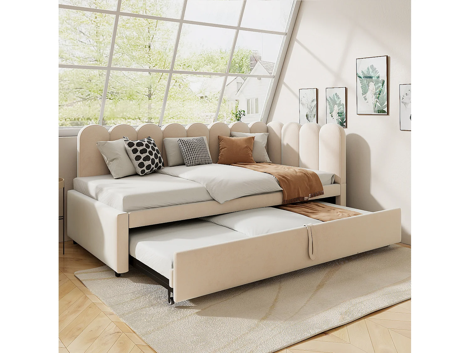 2-in-1-Polsterschlafsofa für Kinder – 90/180 x 200 cm – L-Form – Samt, Sperrholz, MDF – Beige