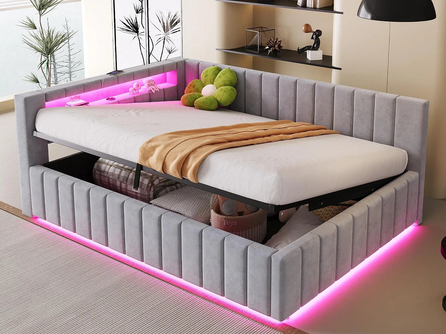 Gepolstertes Schlafsofa 140x200 cm - mit LED-Beleuchtung und USB-Ladefunktion - Samt - Grau (ohne Matratze)