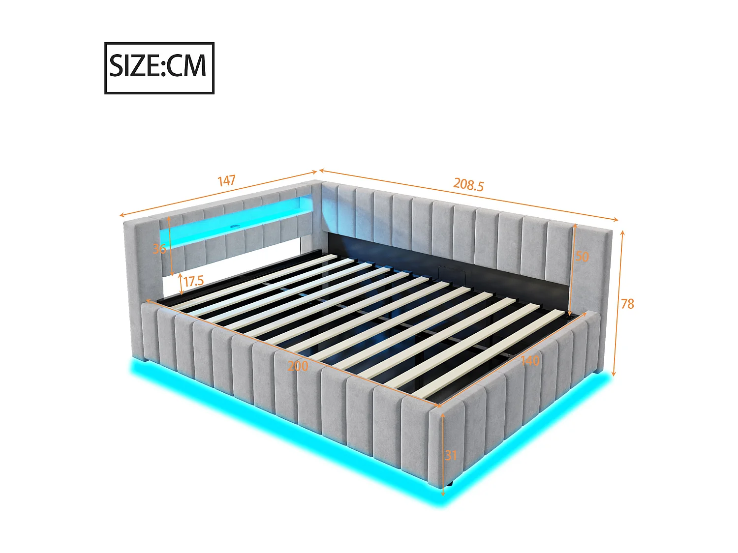 Gepolstertes Schlafsofa 140x200 cm - mit LED-Beleuchtung und USB-Ladefunktion - Samt - Grau (ohne Matratze)