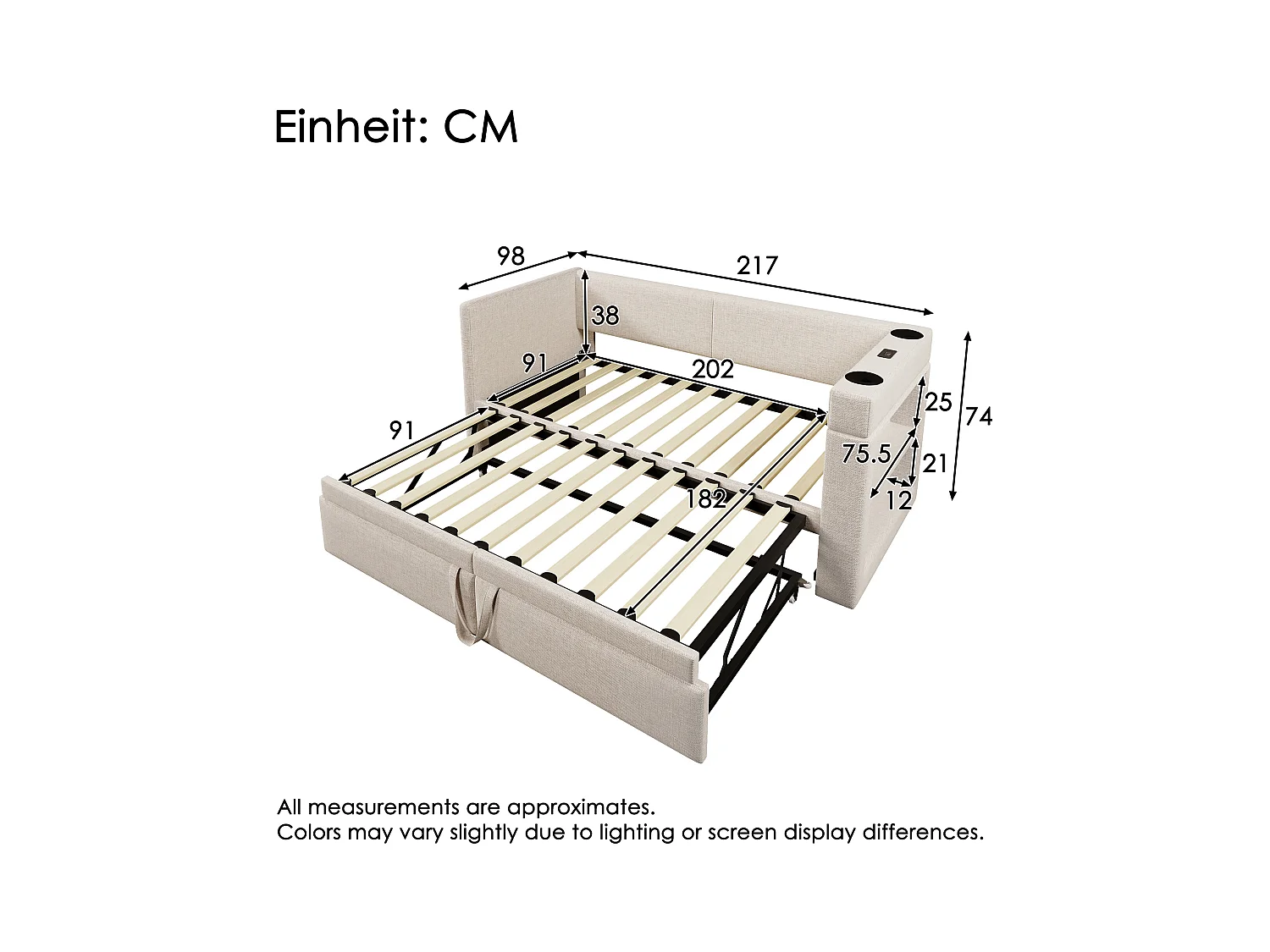 Gestoffeerde slaapbank 90x200 cm - met uittrekbaar bed 90x200 cm - met USB- en Type-C-poorten - met bekerhouder - Beige (zonder matras)