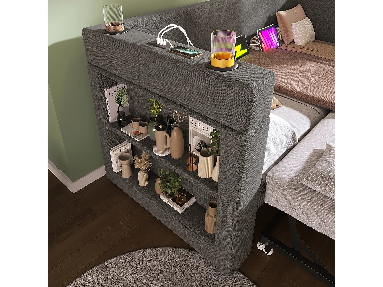 Lit banquette capitonné 90x190 cm - avec lit gigogne 90x190 cm - avec USB et Type-C - avec porte-gobelet - Gris (sans matelas)
