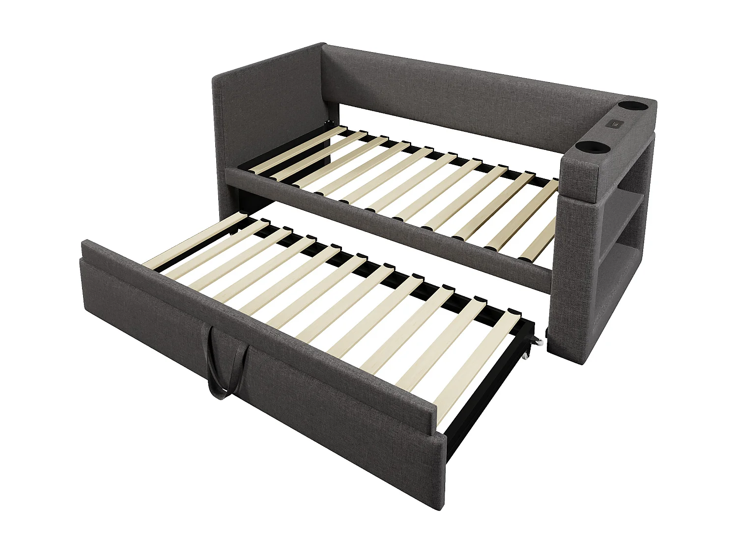 Lit banquette capitonné 90x190 cm - avec lit gigogne 90x190 cm - avec USB et Type-C - avec porte-gobelet - Gris (sans matelas)