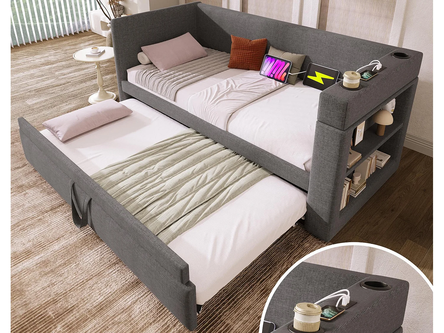 Gepolstertes Schlafsofa 90x190 cm - mit Ausziehbett 90x190 cm - mit USB- und Type-C-Anschlüssen - mit Becherhalter - Grau (ohne Matratze)