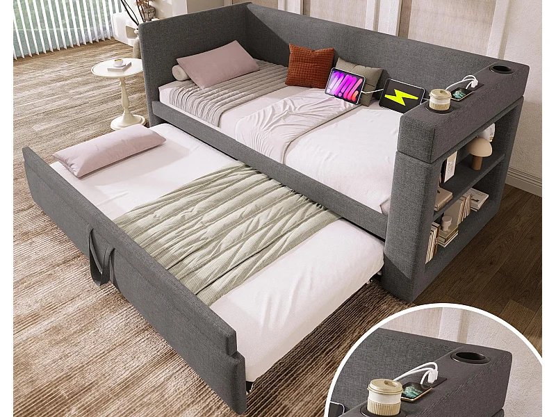 Gestoffeerde slaapbank 90x190 cm - met uittrekbaar bed 90x190 cm - met USB- en Type-C-poorten - met bekerhouder - Grijs (zonder matras)