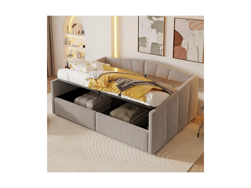 Canapé-lit rembourré double - 140 x 200 cm - avec rangement hydraulique + accoudoirs - velours + métal + contreplaqué + MDF - gris clair