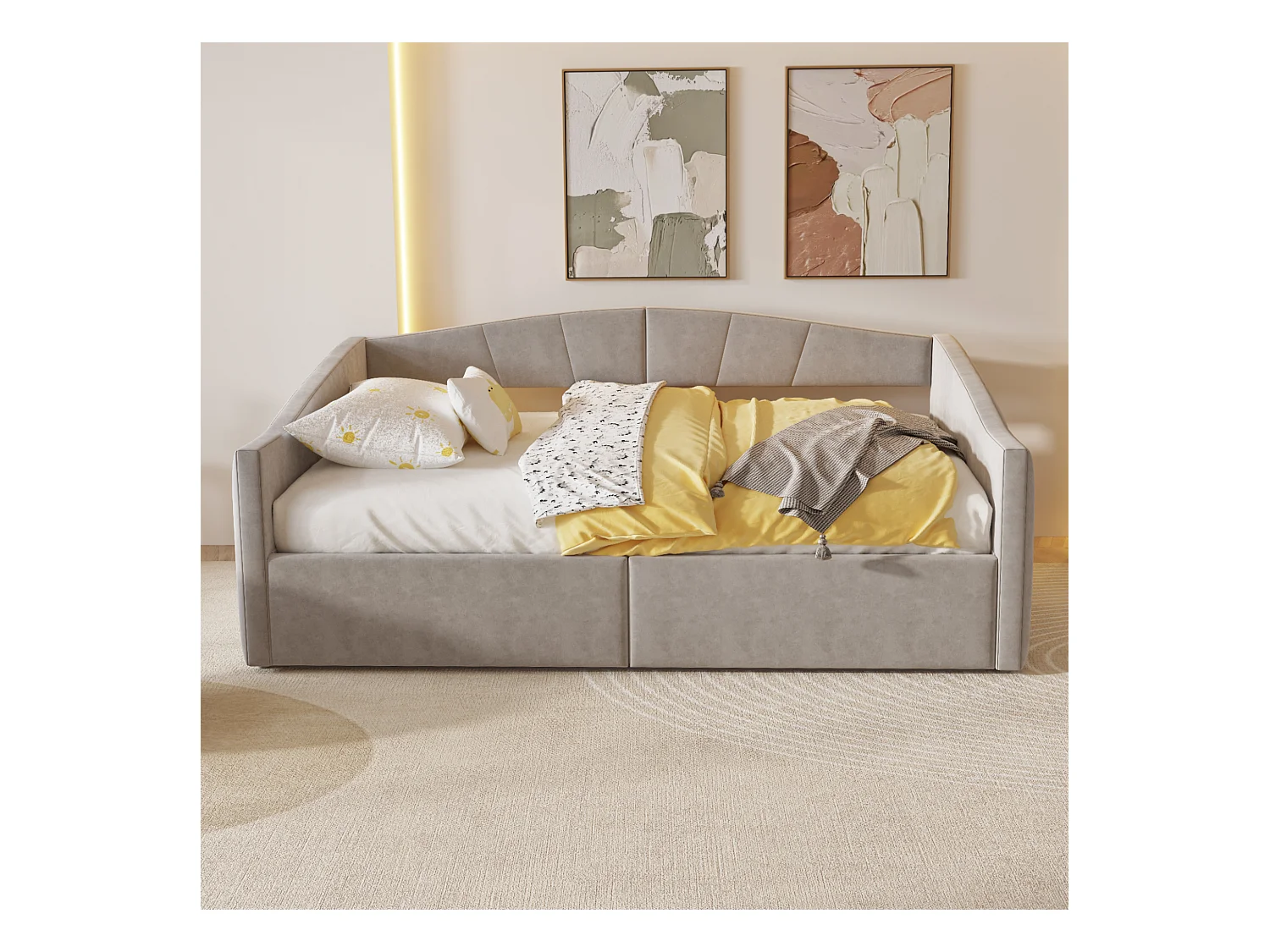 Canapé-lit rembourré double - 140 x 200 cm - avec rangement hydraulique + accoudoirs - velours + métal + contreplaqué + MDF - gris clair