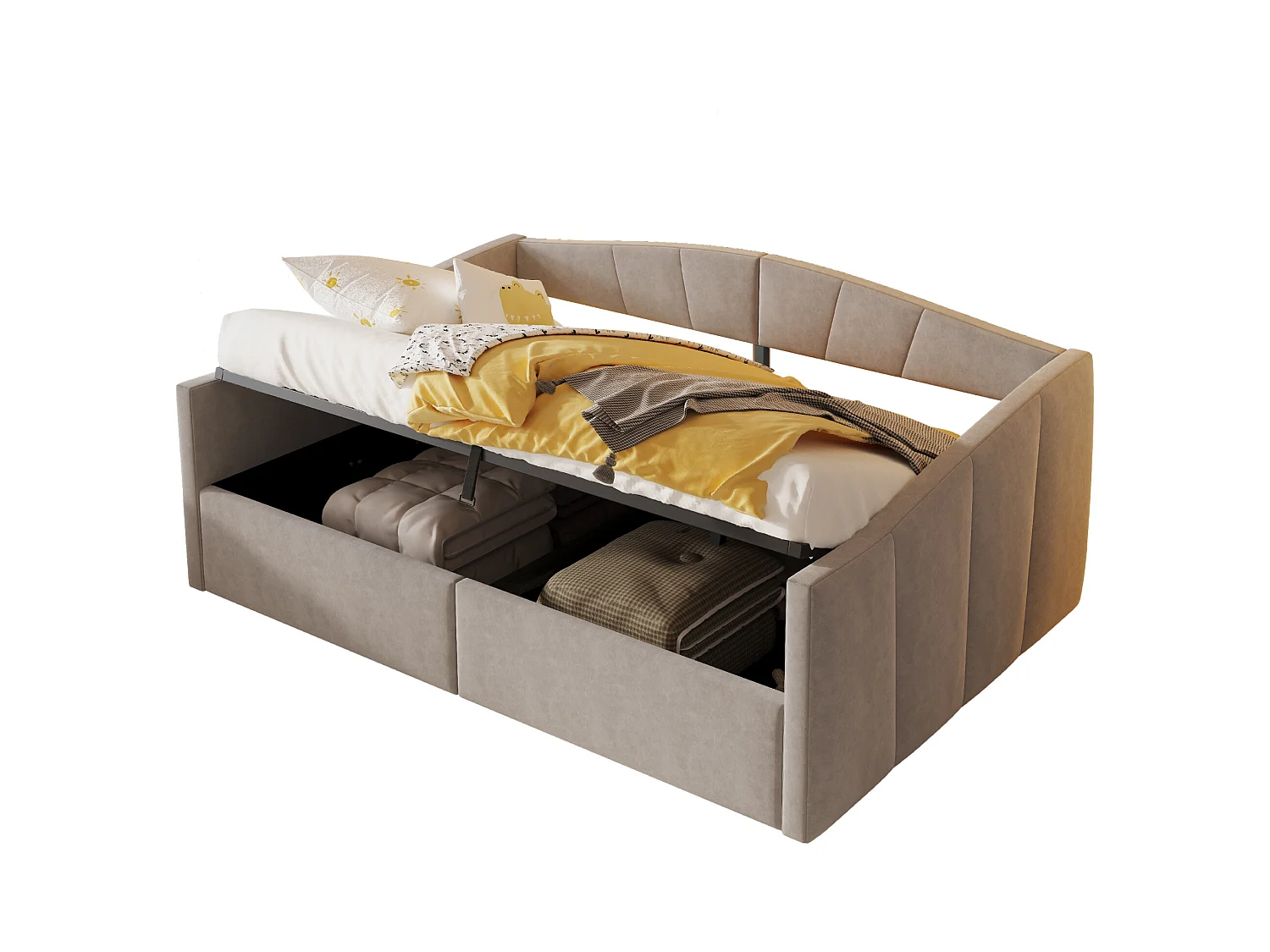 Canapé-lit rembourré double - 140 x 200 cm - avec rangement hydraulique + accoudoirs - velours + métal + contreplaqué + MDF - gris clair