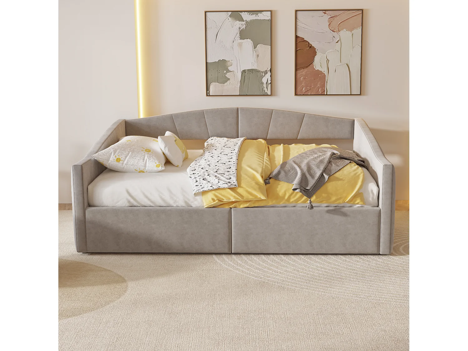 Canapé-lit rembourré double - 140 x 200 cm - avec rangement hydraulique + accoudoirs - velours + métal + contreplaqué + MDF - gris clair