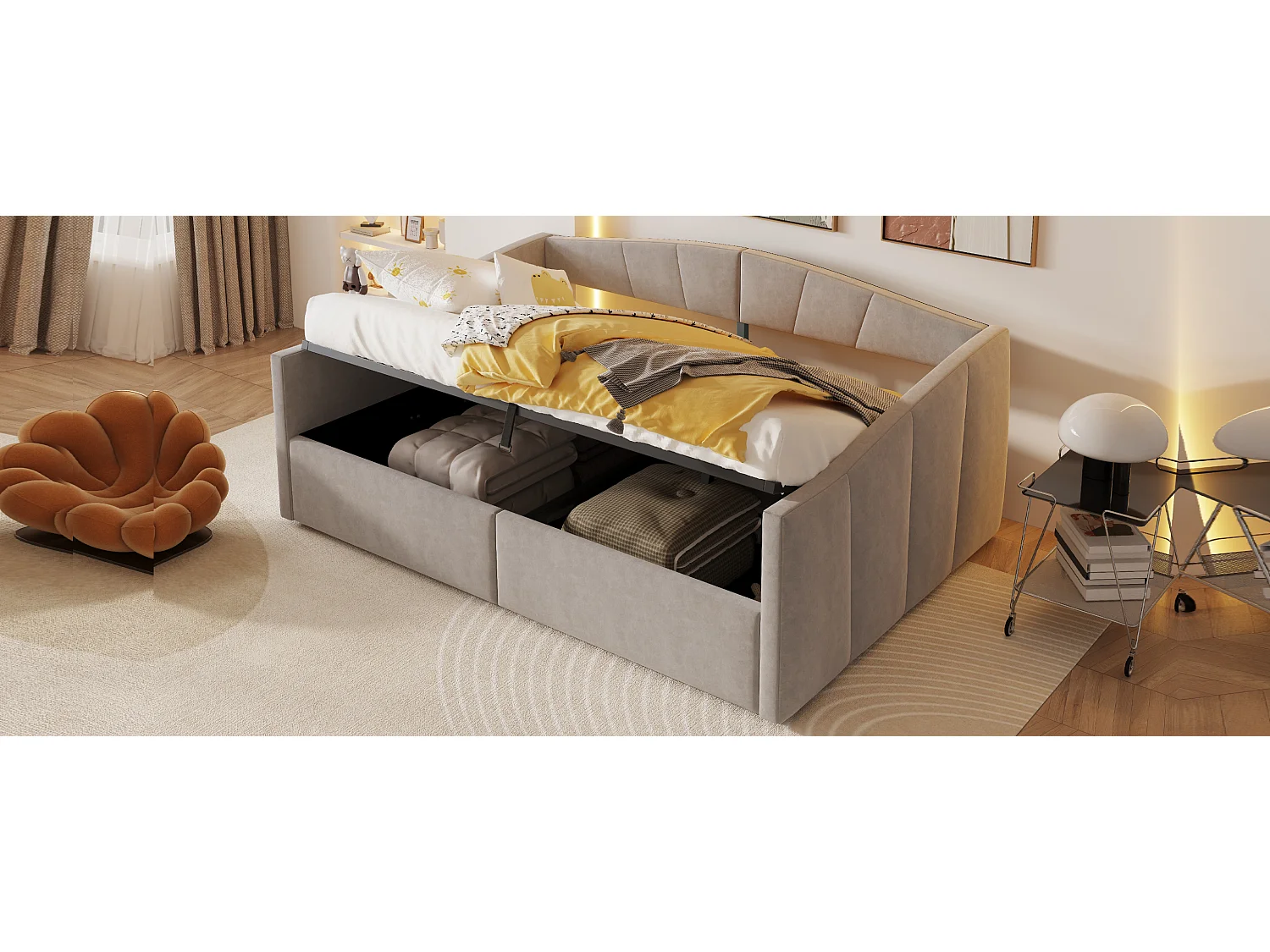 Canapé-lit rembourré double - 140 x 200 cm - avec rangement hydraulique + accoudoirs - velours + métal + contreplaqué + MDF - gris clair