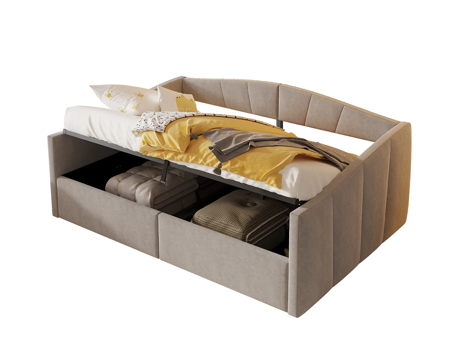 Canapé-lit rembourré double - 140 x 200 cm - avec rangement hydraulique + accoudoirs - velours + métal + contreplaqué + MDF - gris clair