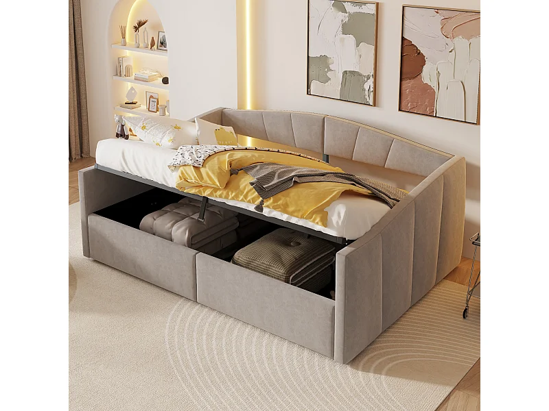 Canapé-lit rembourré double - 140 x 200 cm - avec rangement hydraulique + accoudoirs - velours + métal + contreplaqué + MDF - gris clair