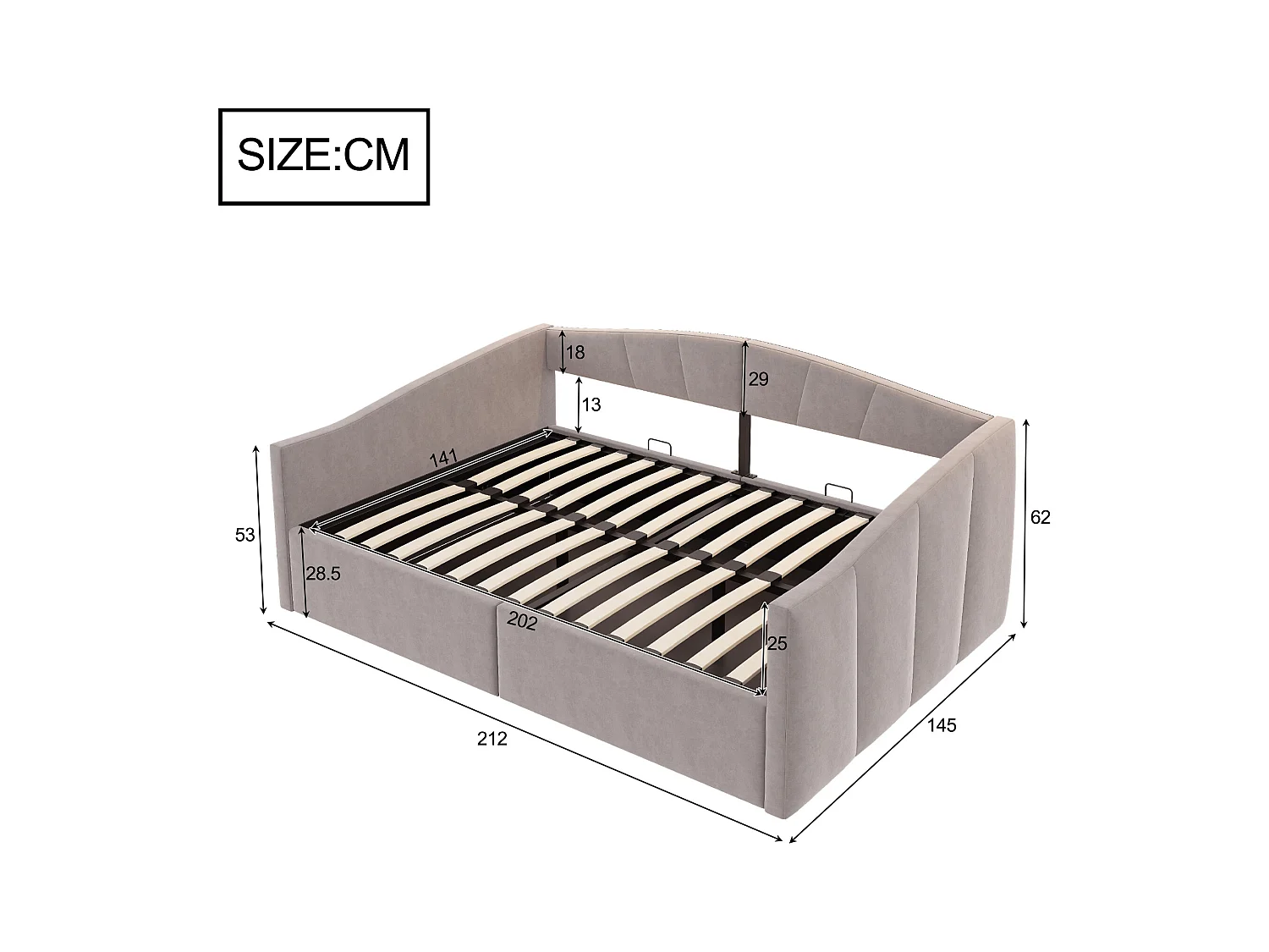 Canapé-lit rembourré 140x200cm - avec sommier à lattes - tissu velours - Gris clair (matelas non inclus)