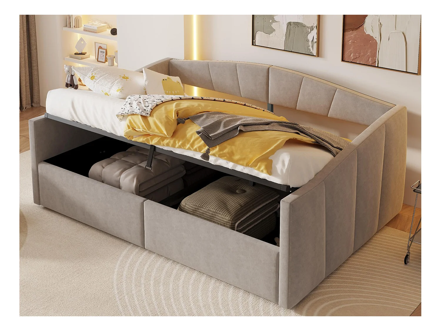 Sofá cama acolchado 140x200 cm - con somier de láminas - tejido de terciopelo - gris claro (colchón no incluido)