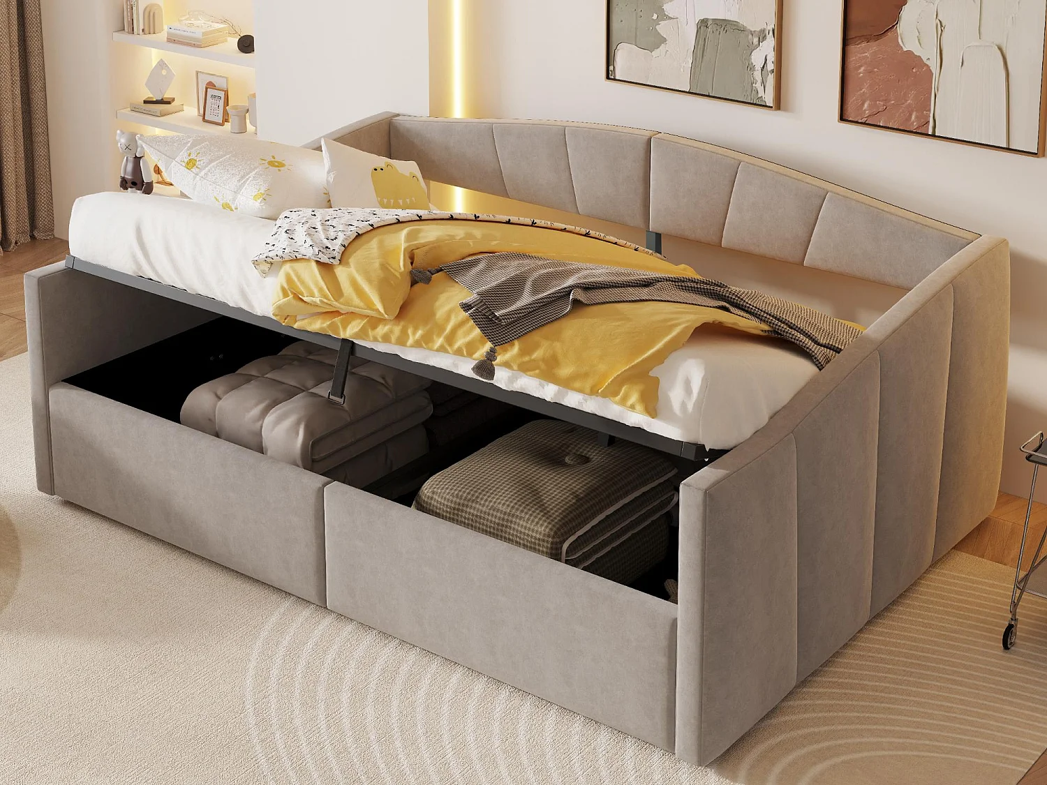 Canapé-lit rembourré 140x200cm - avec sommier à lattes - tissu velours - Gris clair (matelas non inclus)