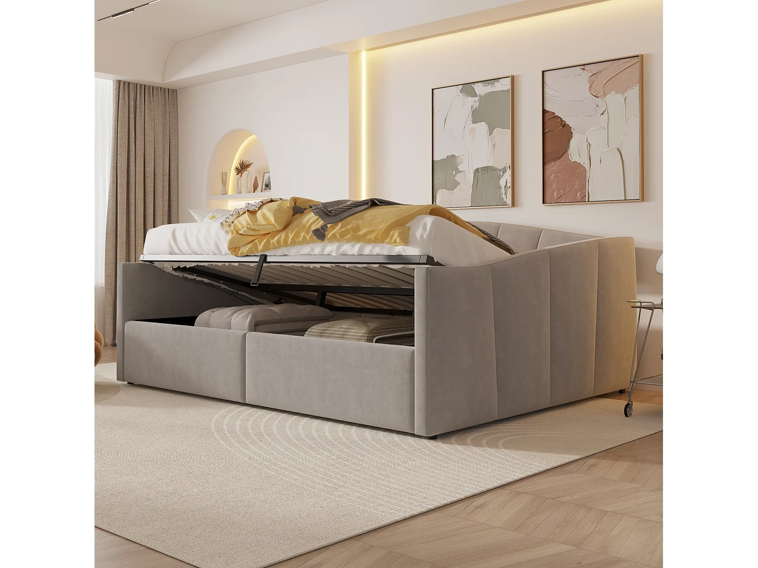 Canapé-lit rembourré 140x200cm - avec sommier à lattes - tissu velours - Gris clair (matelas non inclus)