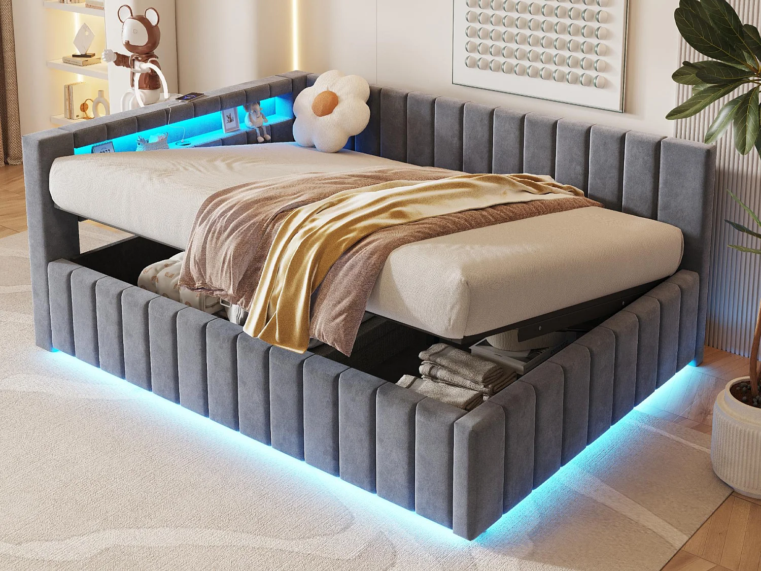 Gepolstertes Schlafsofa 140x200 cm - mit LED-Beleuchtung und USB-Ladefunktion - Samt - Dunkelgrau (ohne Matratze)