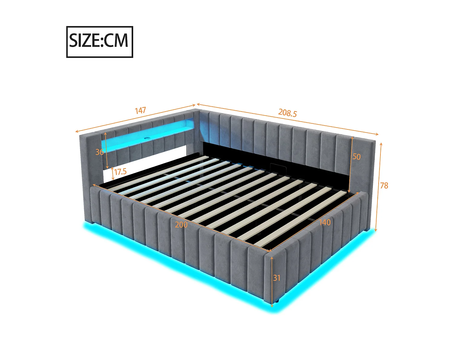 Gepolstertes Schlafsofa 140x200 cm - mit LED-Beleuchtung und USB-Ladefunktion - Samt - Dunkelgrau (ohne Matratze)