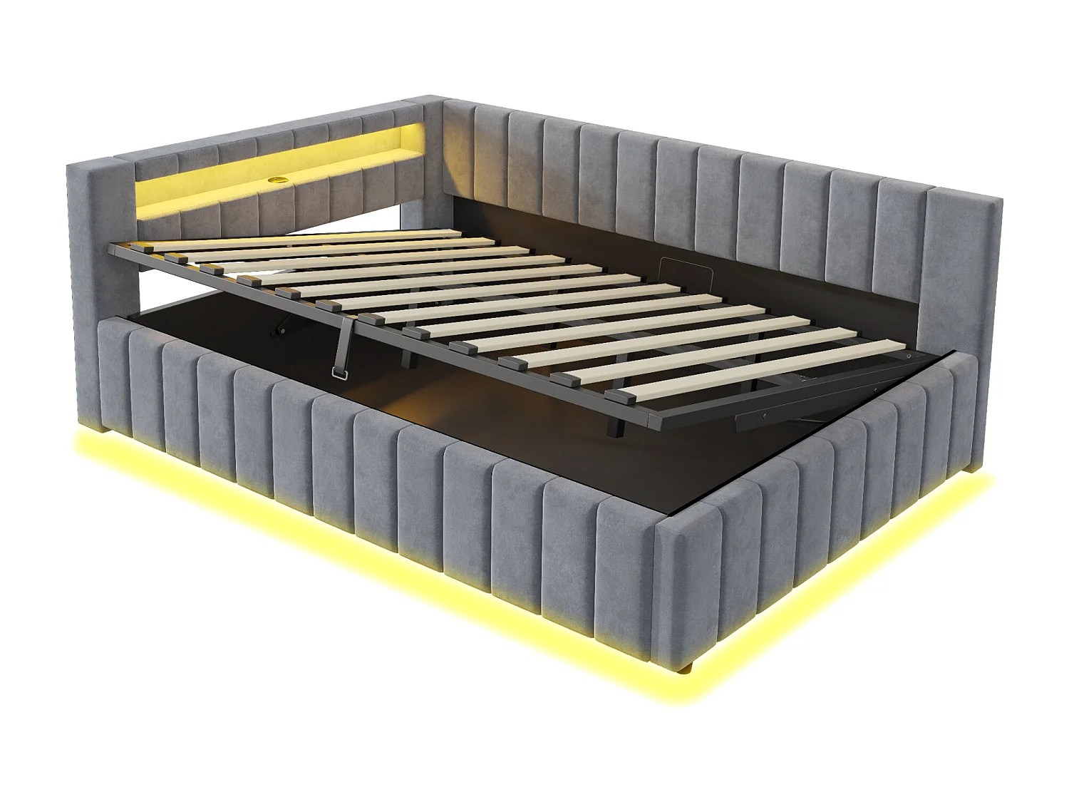 Gepolstertes Schlafsofa 140x200 cm - mit LED-Beleuchtung und USB-Ladefunktion - Samt - Dunkelgrau (ohne Matratze)