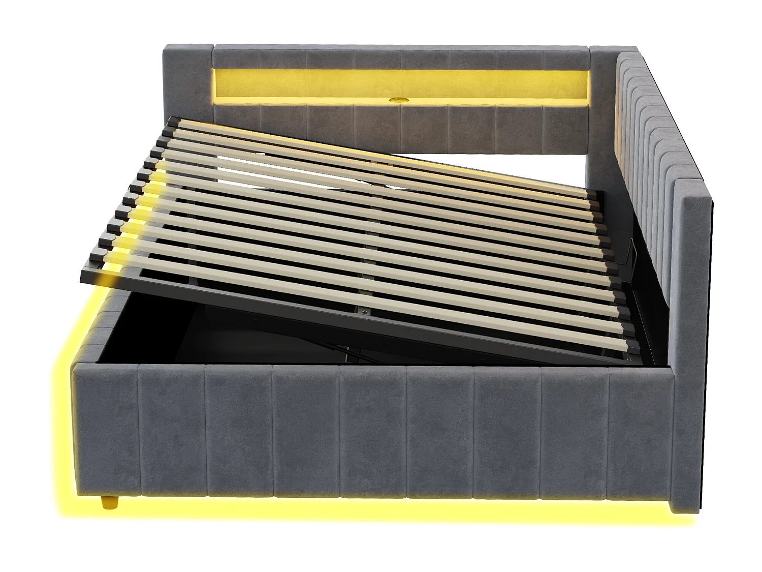 Gepolstertes Schlafsofa 140x200 cm - mit LED-Beleuchtung und USB-Ladefunktion - Samt - Dunkelgrau (ohne Matratze)