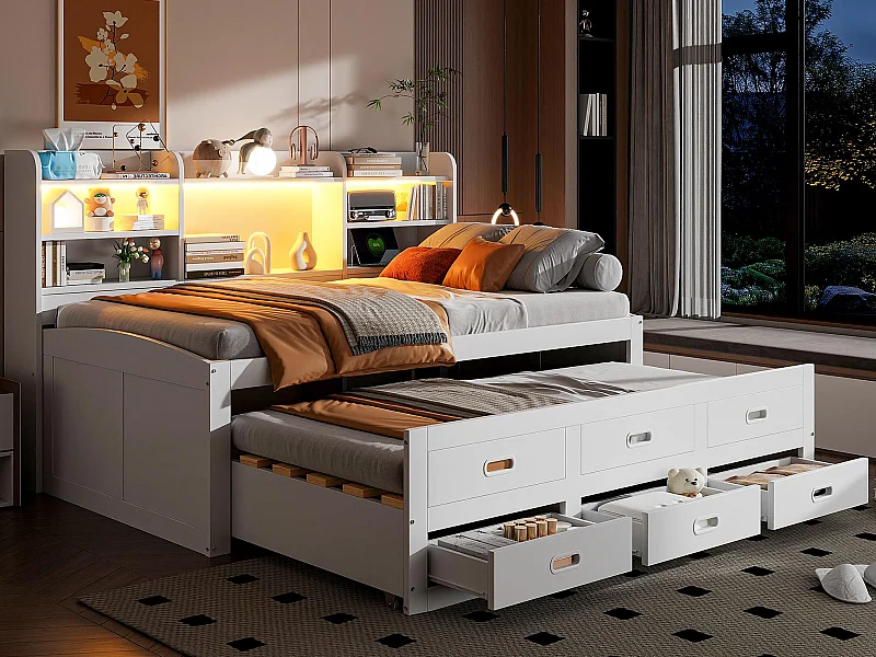 Canapé-lit 90x200cm - avec éclairage LED - 3 tiroirs - avec USB + Type-C - blanc (matelas non inclus)