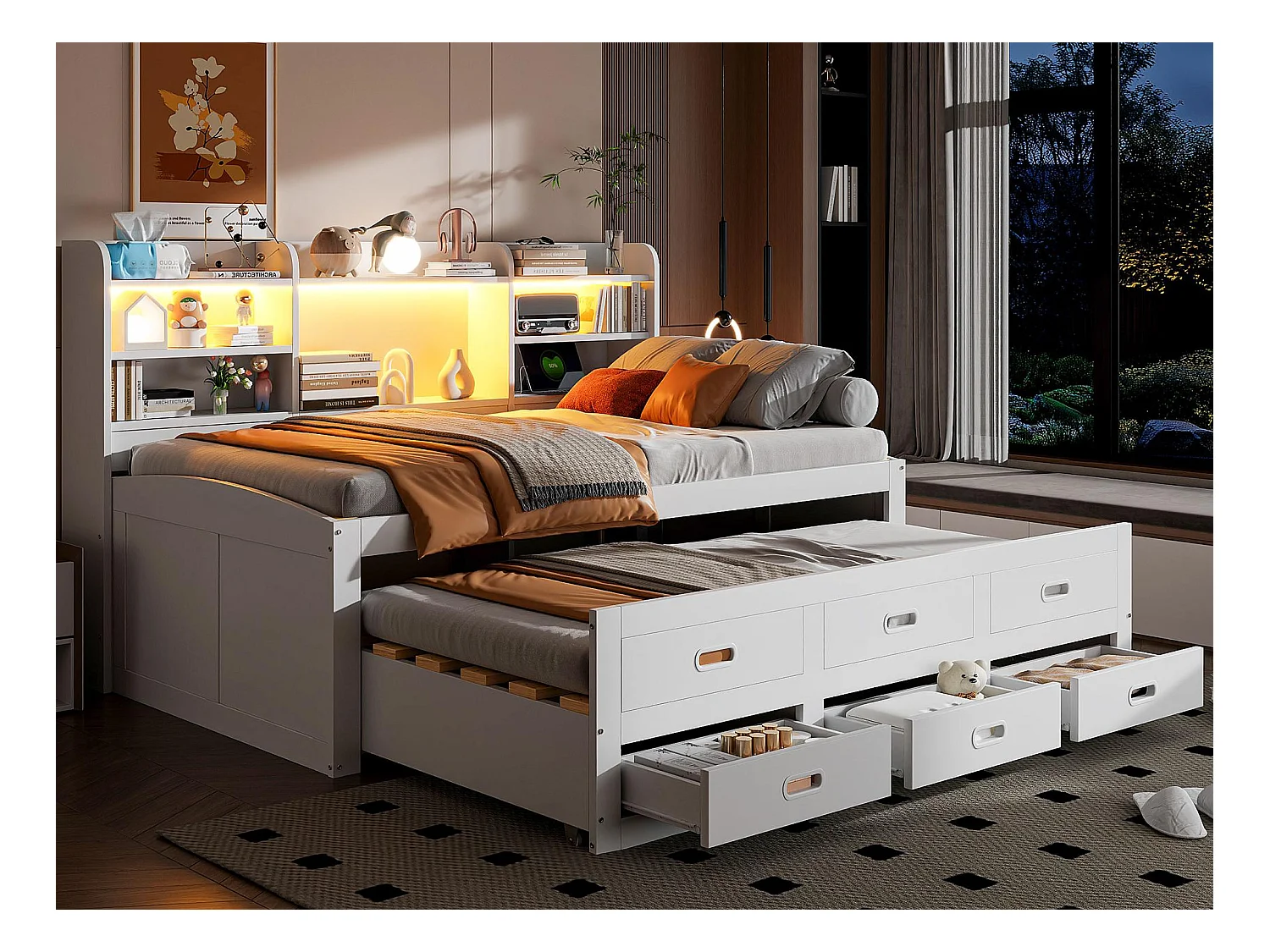 Canapé-lit 90x200cm - avec éclairage LED - 3 tiroirs - avec USB + Type-C - blanc (matelas non inclus)