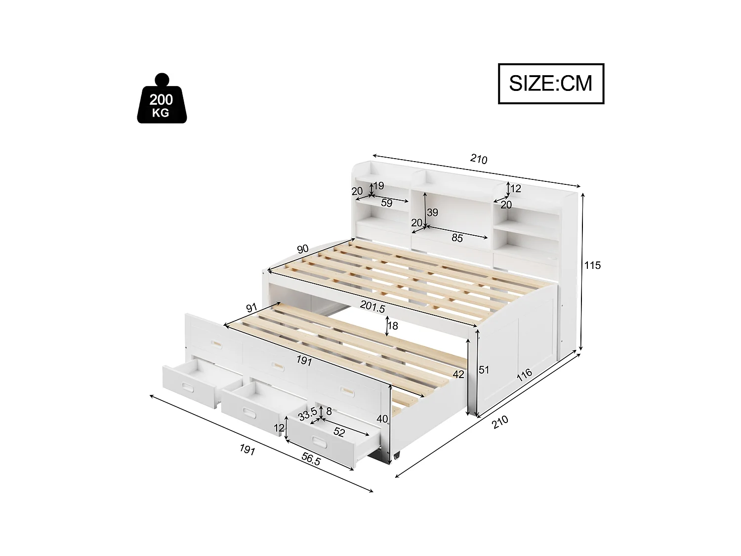 Canapé-lit 90x200cm - avec éclairage LED - 3 tiroirs - avec USB + Type-C - blanc (matelas non inclus)