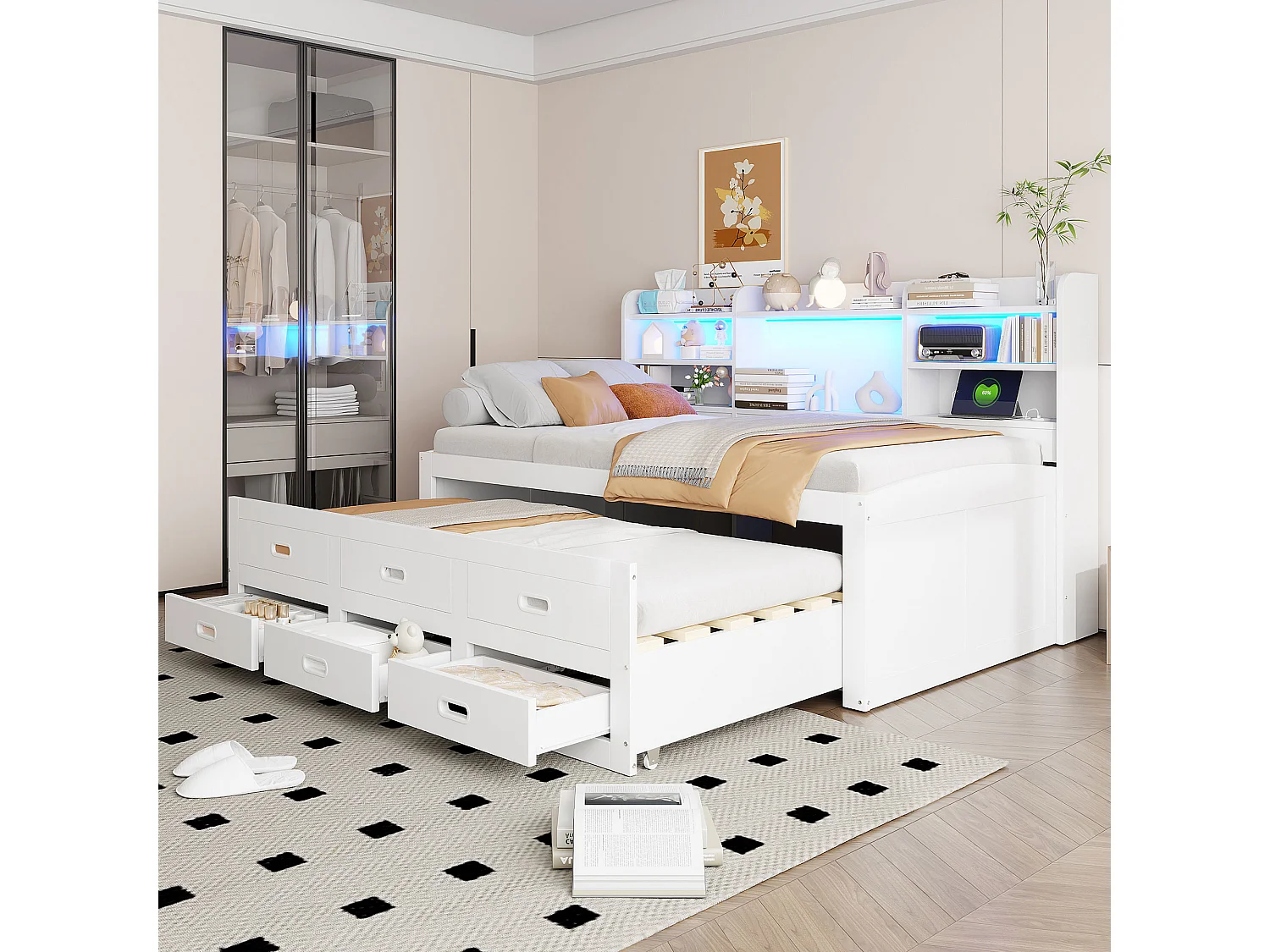 Divano letto 90x200 cm - con illuminazione LED - 3 cassetti - con USB + Type-C - bianco (materasso non incluso)