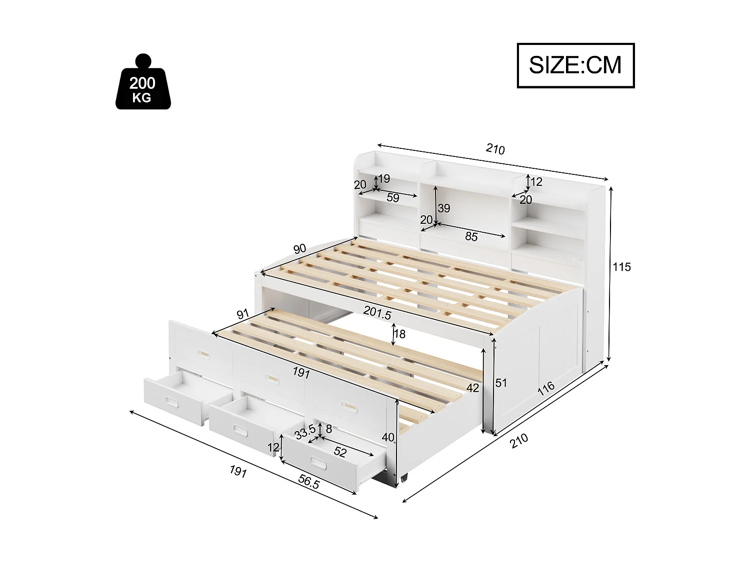 Divano letto 90x200 cm - con illuminazione LED - 3 cassetti - con USB + Type-C - bianco (materasso non incluso)