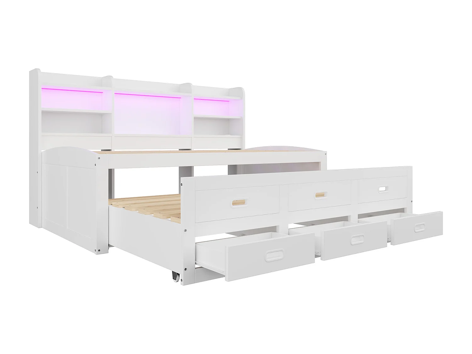 Divano letto 90x200 cm - con illuminazione LED - 3 cassetti - con USB + Type-C - bianco (materasso non incluso)