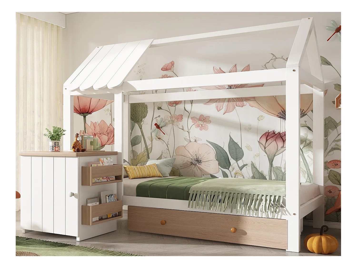 Huisbed 90x200 cm - met 1 lade en afneembare nachtkastje - in huisvorm - van massief hout - Wit+Natuur