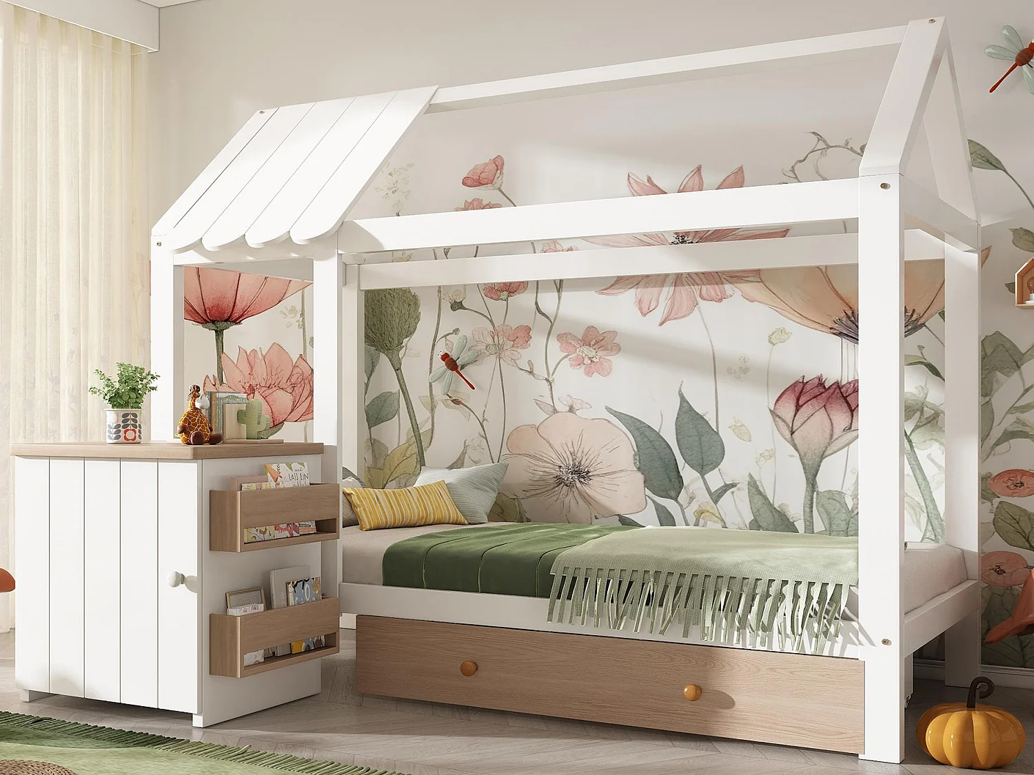 Lit cabane 90x200cm - avec 1 tiroir et table de chevet amovible - en forme de maison - en bois massif - Blanc+Naturel