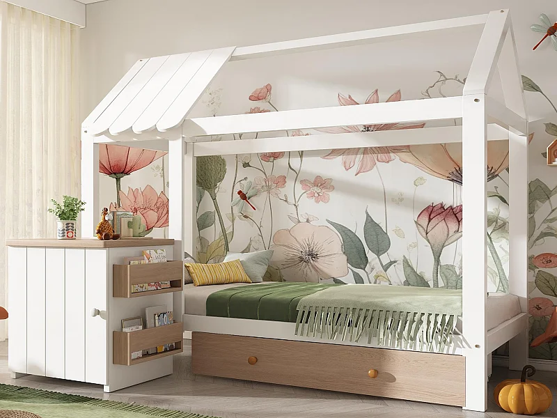 Huisbed 90x200 cm - met 1 lade en afneembare nachtkastje - in huisvorm - van massief hout - Wit+Natuur