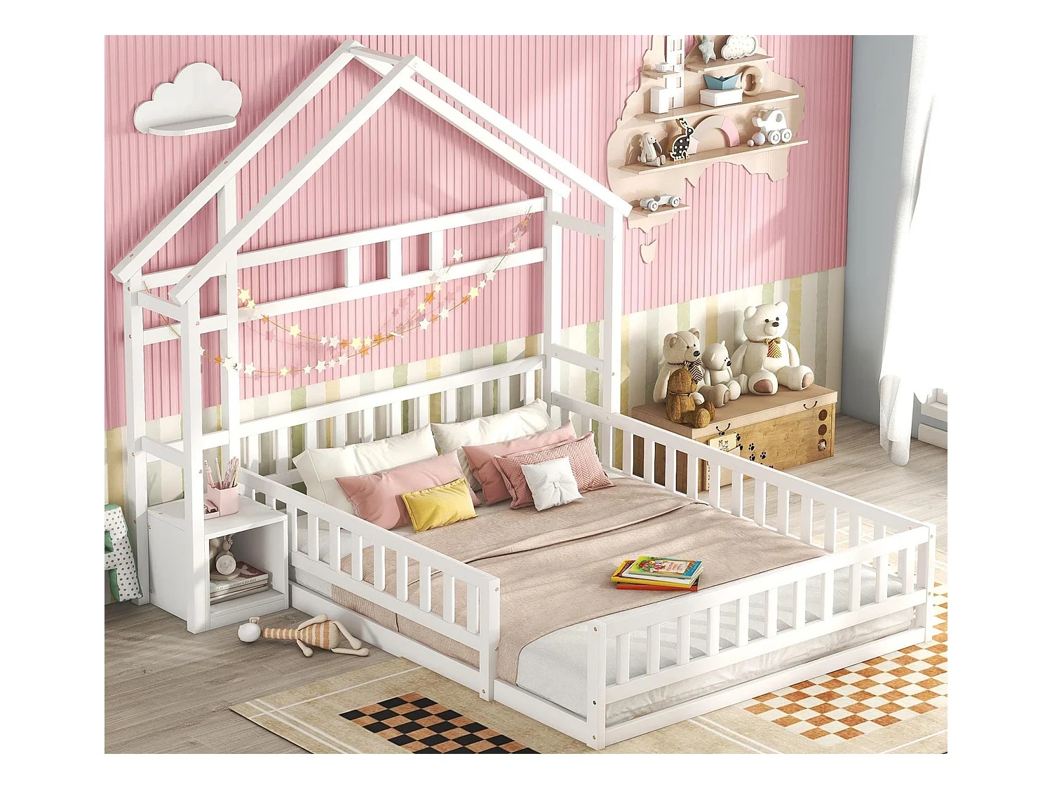 Lit cabane enfant 140x190cm - Avec barrières - Sommier à lattes - blanc (sans matelas)