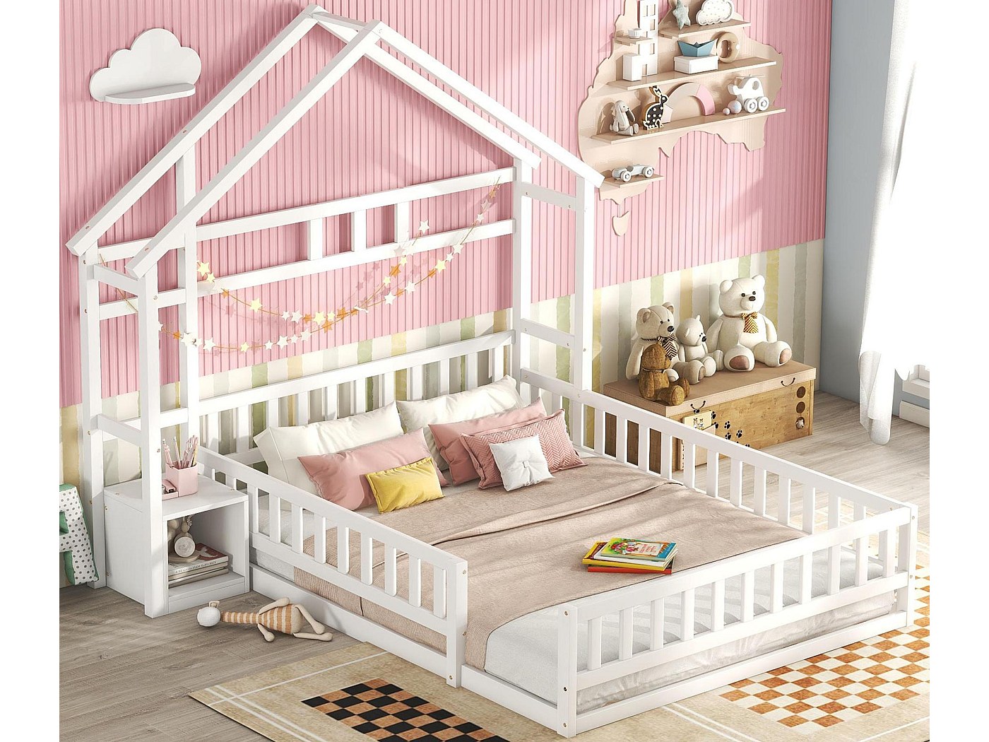 Kinderbed Huis 90x200 Cm Wit Met Matras H:10cm Houten Bed Voor Kinderen Met Lattenbodem Schoorsteen Design Ml Design