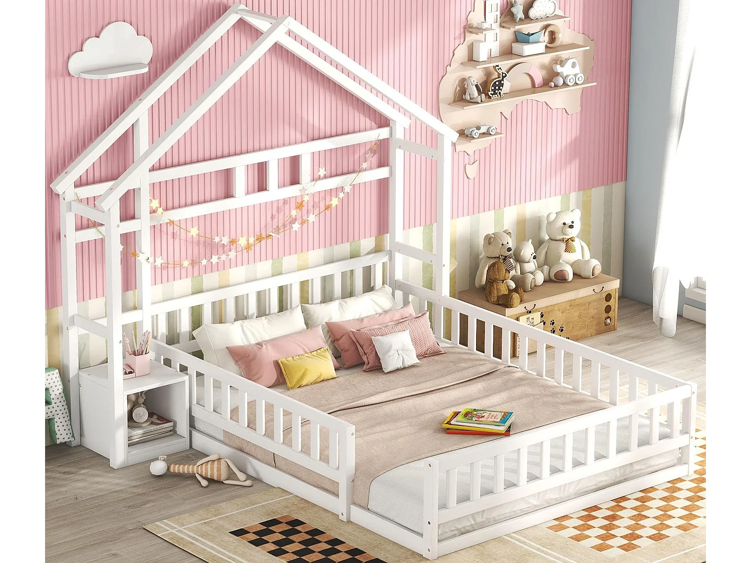 Cama cabaña infantil 140x190 cm - Con barandillas - Somier de láminas - blanco (sin colchón)