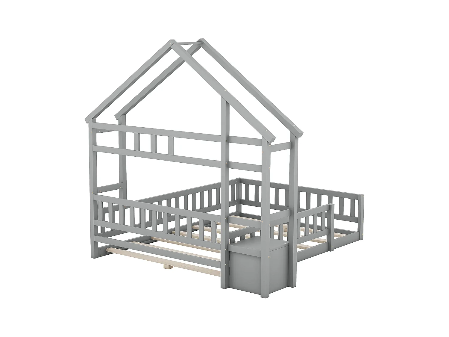 Kinder huisbed 140x190 cm - Met hekjes - Lattenbodem - grijs (zonder matras)
