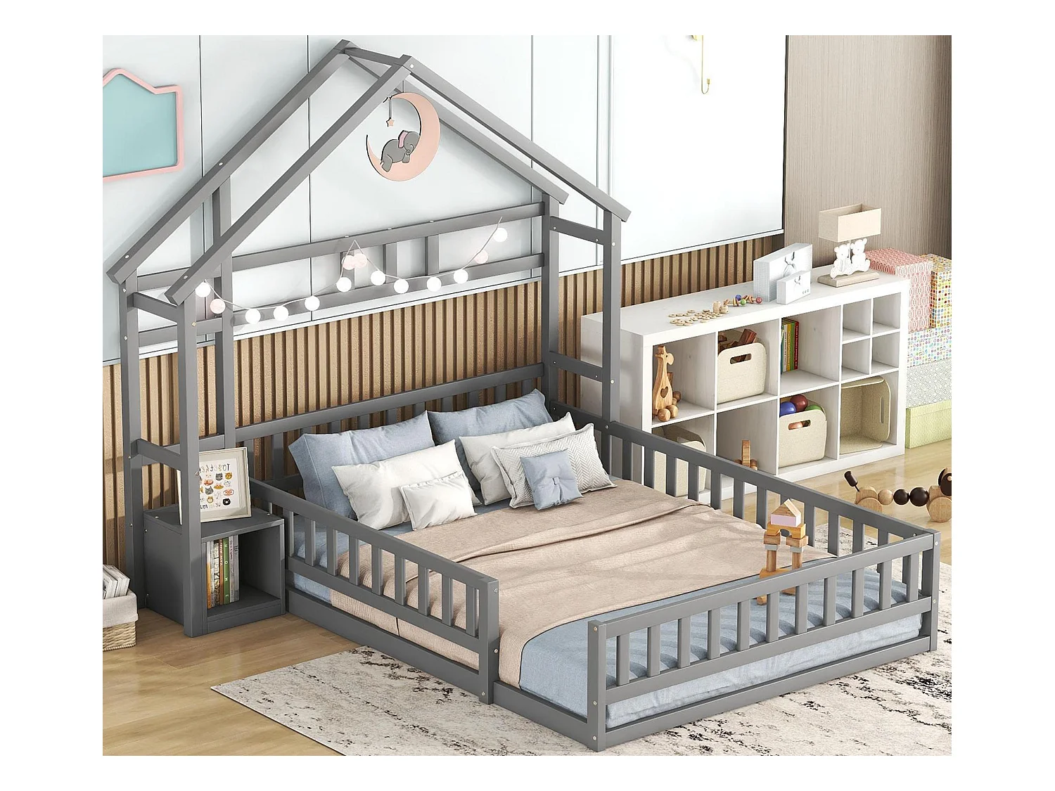 Lit cabane enfant 140x190cm - Avec barrières - Sommier à lattes - Gris (sans matelas)