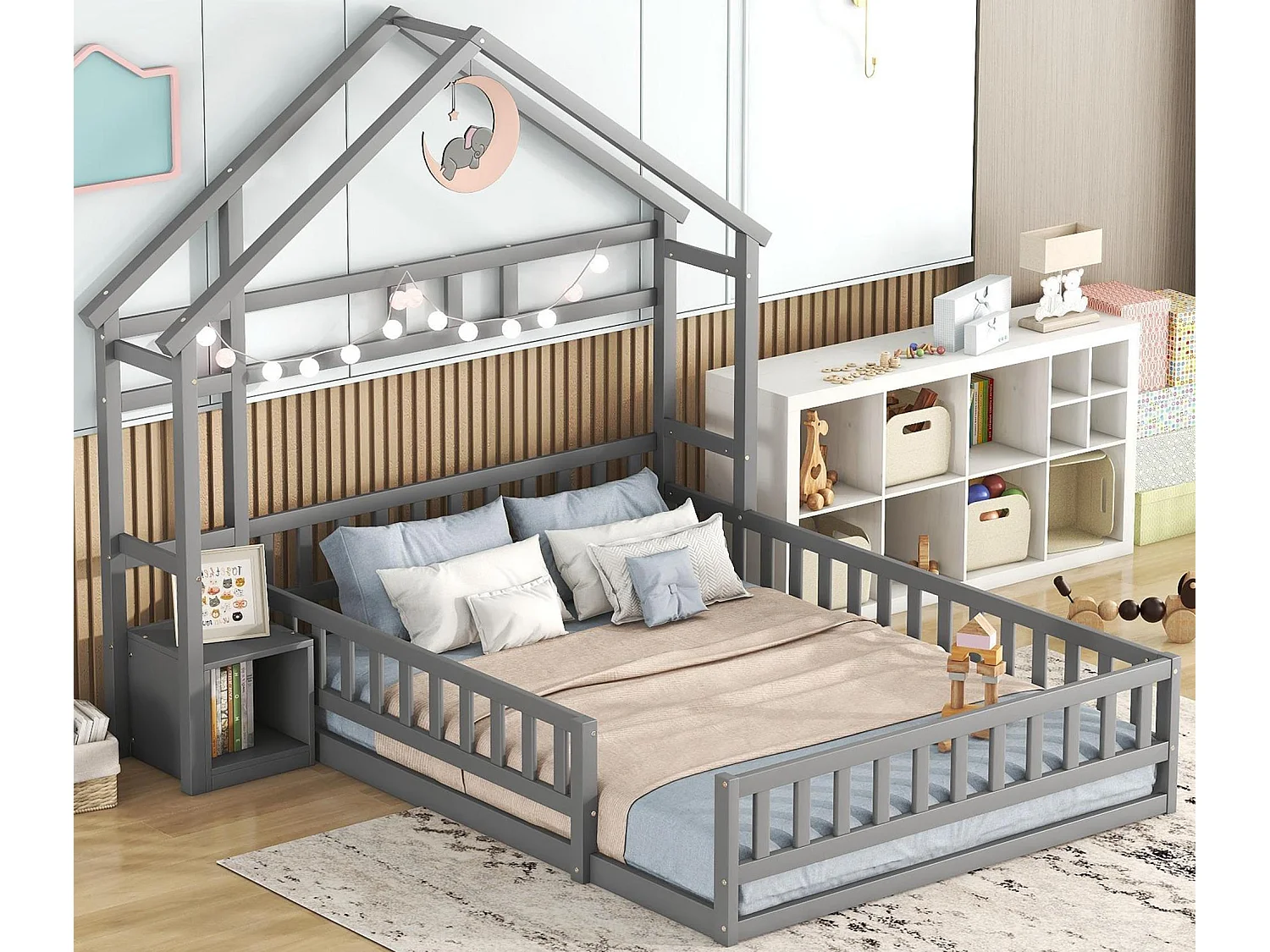 Letto a casetta per bambini 140x190 cm - Con sponde - Rete a doghe - grigio (senza materasso)