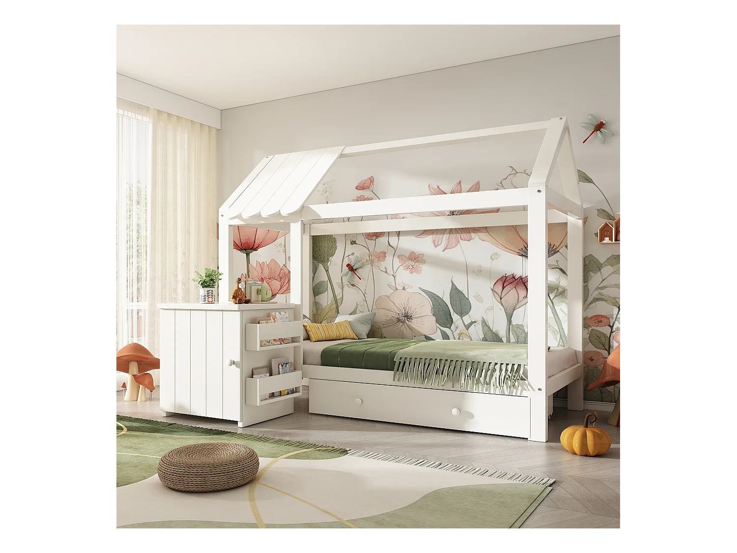 Lit cabane 90x200cm - avec 1 tiroir et table de chevet amovible - en forme de maison - en bois massif - Blanc