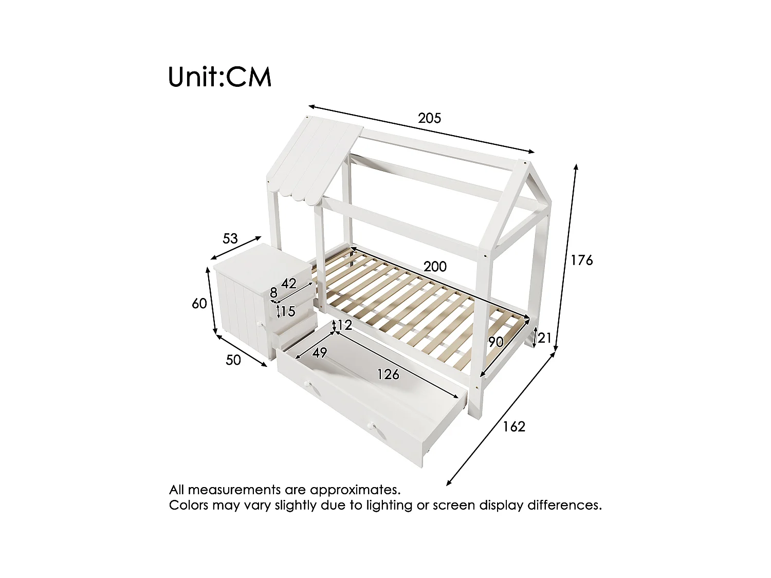 Lit cabane 90x200cm - avec 1 tiroir et table de chevet amovible - en forme de maison - en bois massif - Blanc