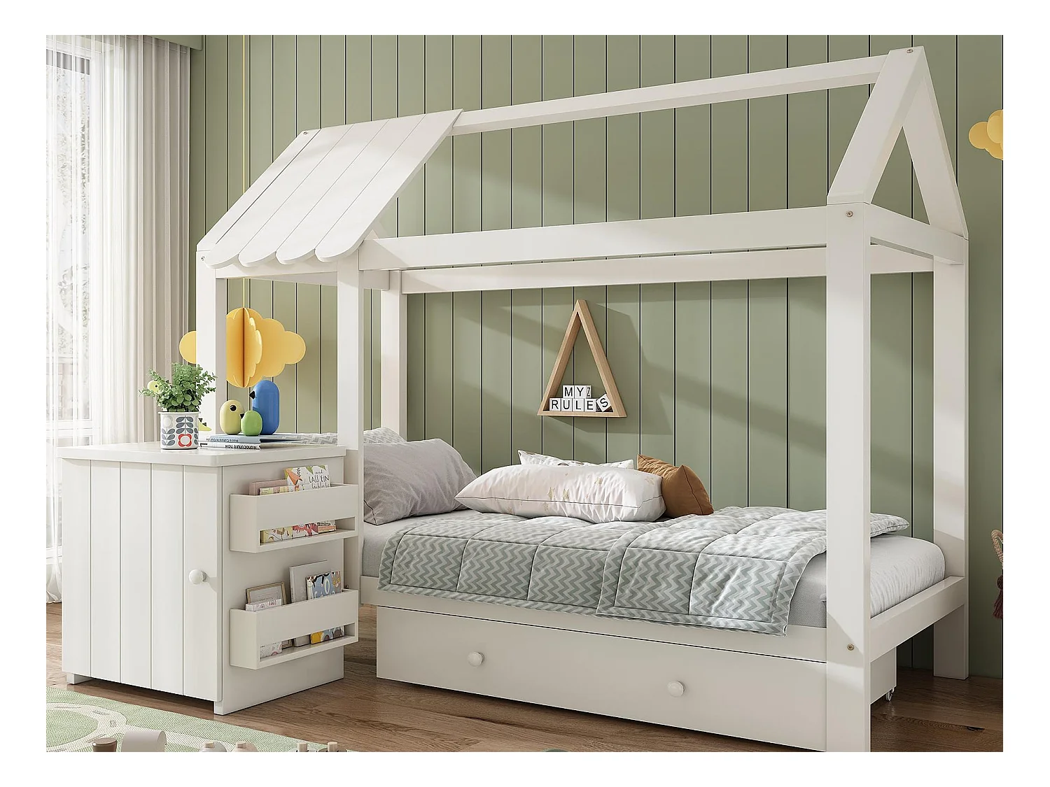Huisbed 90x200 cm - met 1 lade en afneembare nachtkastje - in huisvorm - van massief hout - Wit