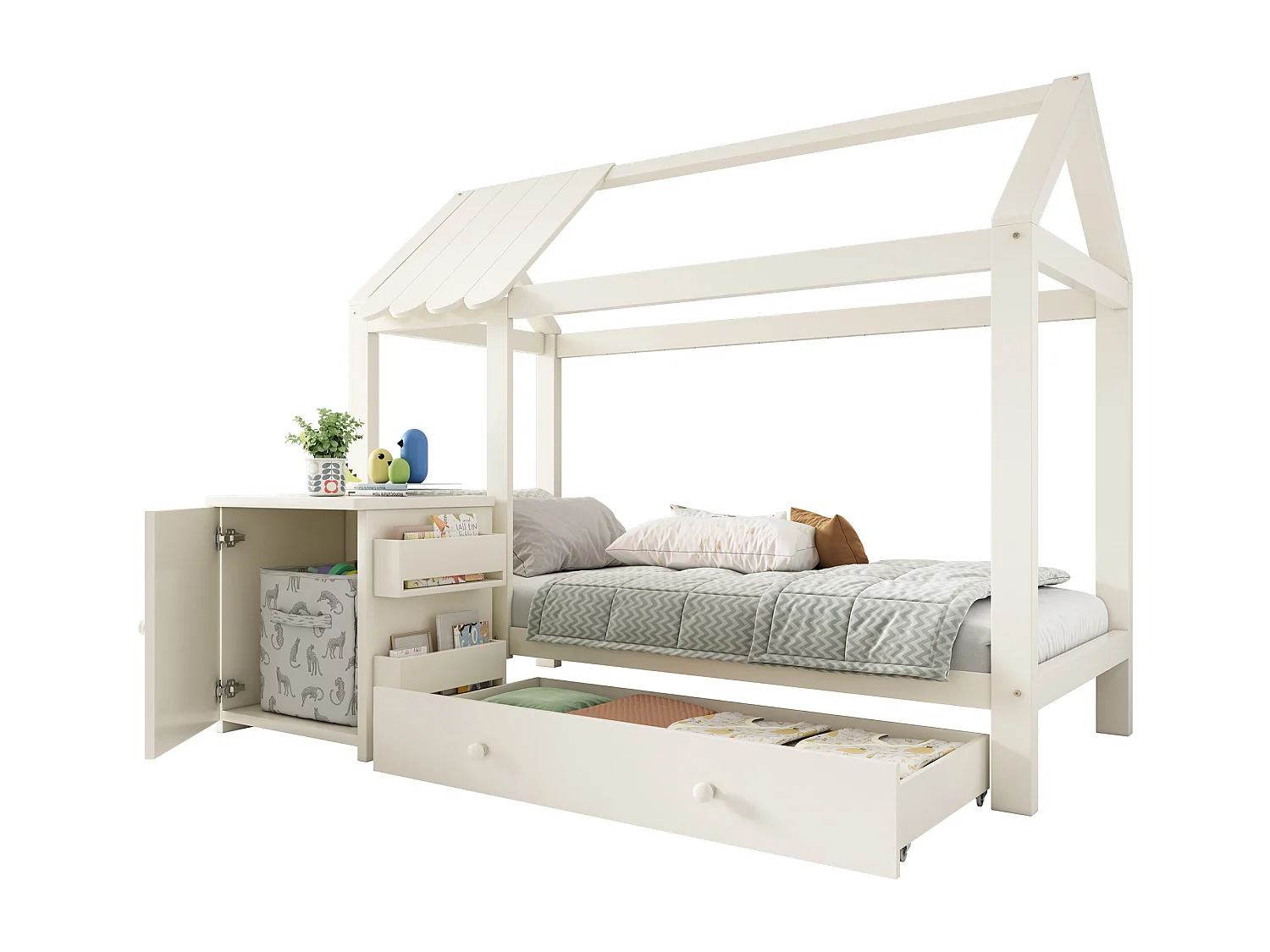 Lit cabane 90x200cm - avec 1 tiroir et table de chevet amovible - en forme de maison - en bois massif - Blanc