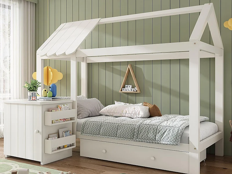 Huisbed 90x200 cm - met 1 lade en afneembare nachtkastje - in huisvorm - van massief hout - Wit