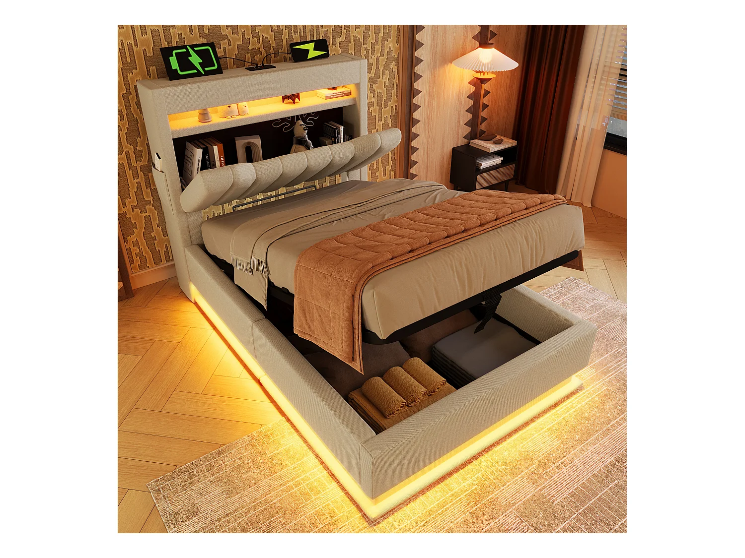Lit coffre capitonné 90x200cm - avec LED - avec ports USB et Type-C - tissu en Lin - tête de lit avec espace de rangement - Beige
