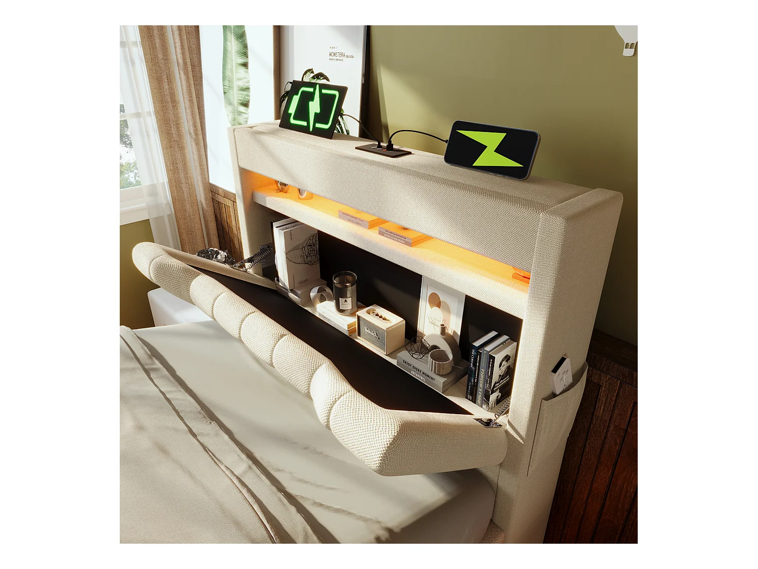 Lit coffre capitonné 90x200cm - avec LED - avec ports USB et Type-C - tissu en Lin - tête de lit avec espace de rangement - Beige