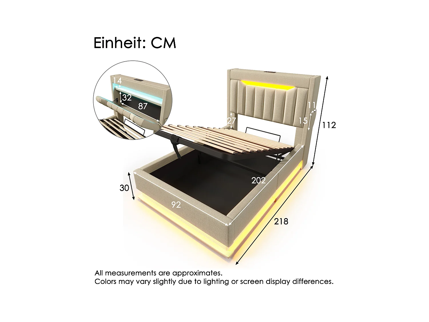 Lit coffre capitonné 90x200cm - avec LED - avec ports USB et Type-C - tissu en Lin - tête de lit avec espace de rangement - Beige