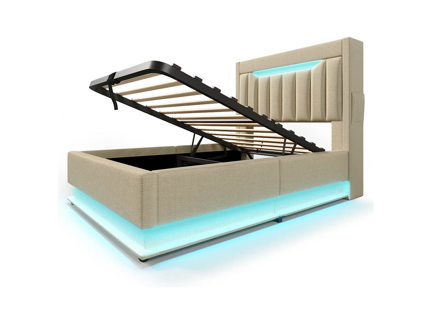 Lit coffre capitonné 90x200cm - avec LED - avec ports USB et Type-C - tissu en Lin - tête de lit avec espace de rangement - Beige