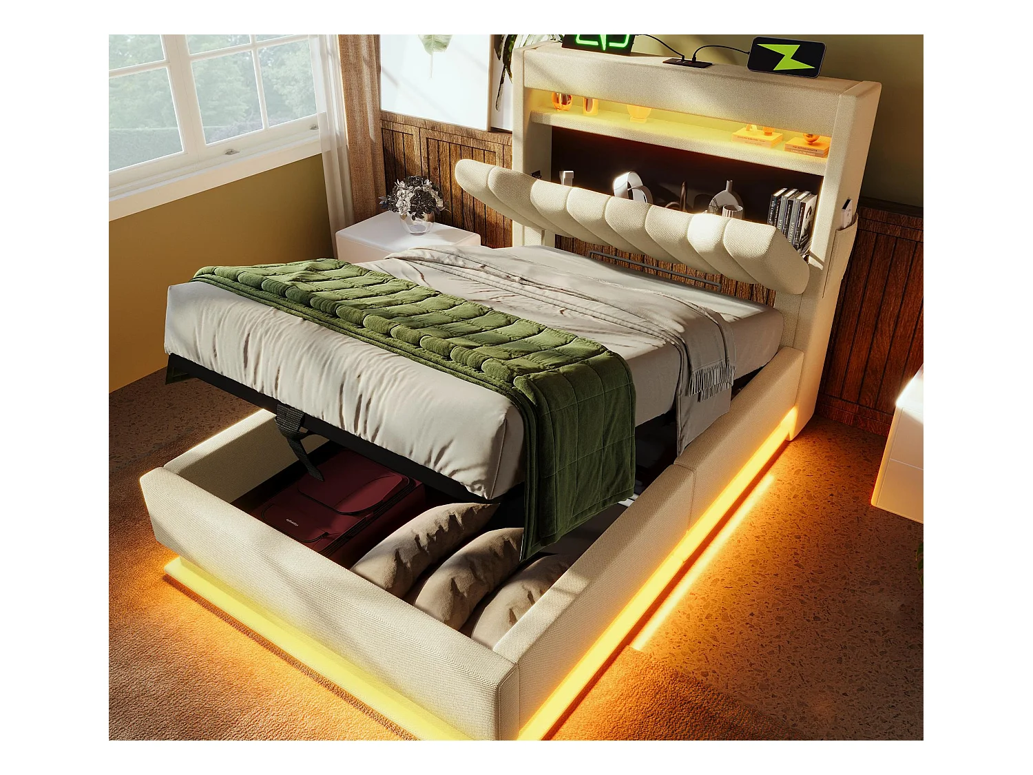 Lit coffre capitonné 90x200cm - avec LED - avec ports USB et Type-C - tissu en Lin - tête de lit avec espace de rangement - Beige