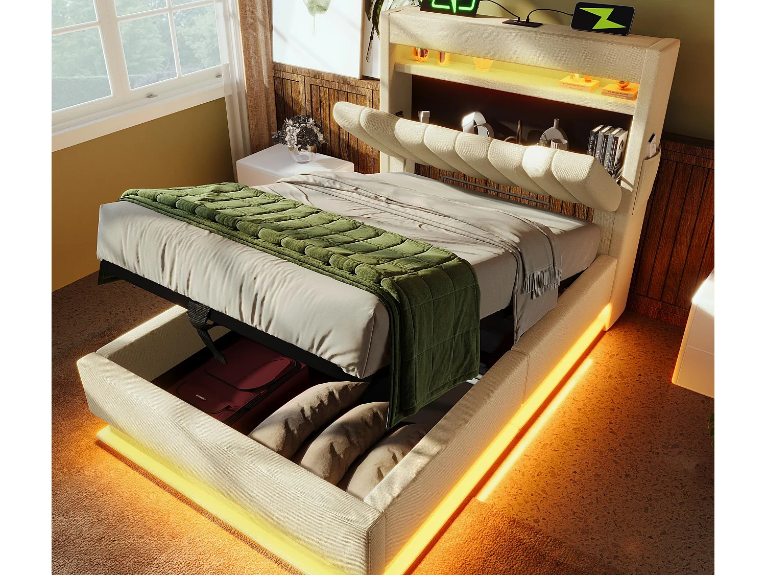 Gepolstertes Stauraumbett 90x200 cm - mit LED - mit USB- und Type-C-Anschlüssen - Leinenstoff - Kopfteil mit Stauraum - Beige