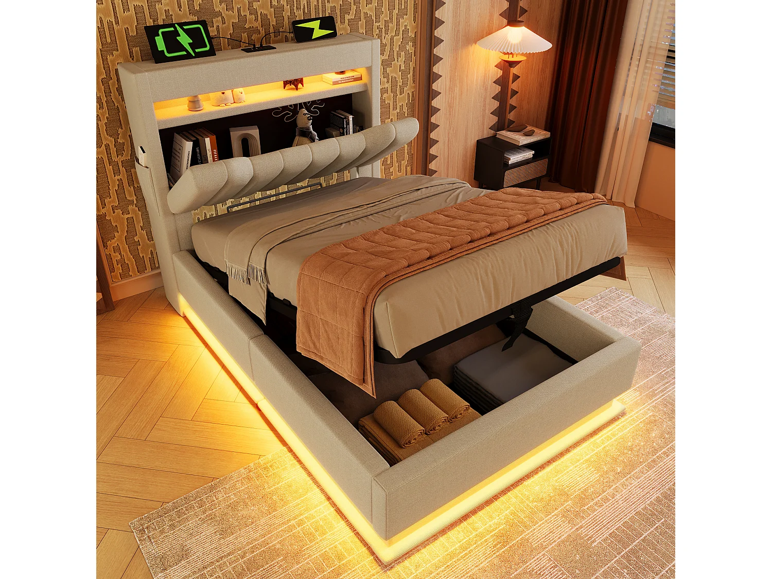 Gepolstertes Stauraumbett 90x200 cm - mit LED - mit USB- und Type-C-Anschlüssen - Leinenstoff - Kopfteil mit Stauraum - Beige